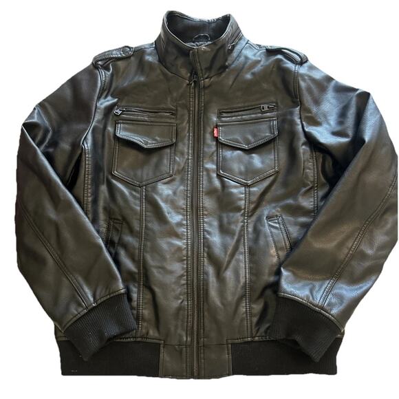 Levi's Men’s Jacket Sz Large Iconic Black Faux Leather Jean Trucker Style Moto - Picture 1 of 16